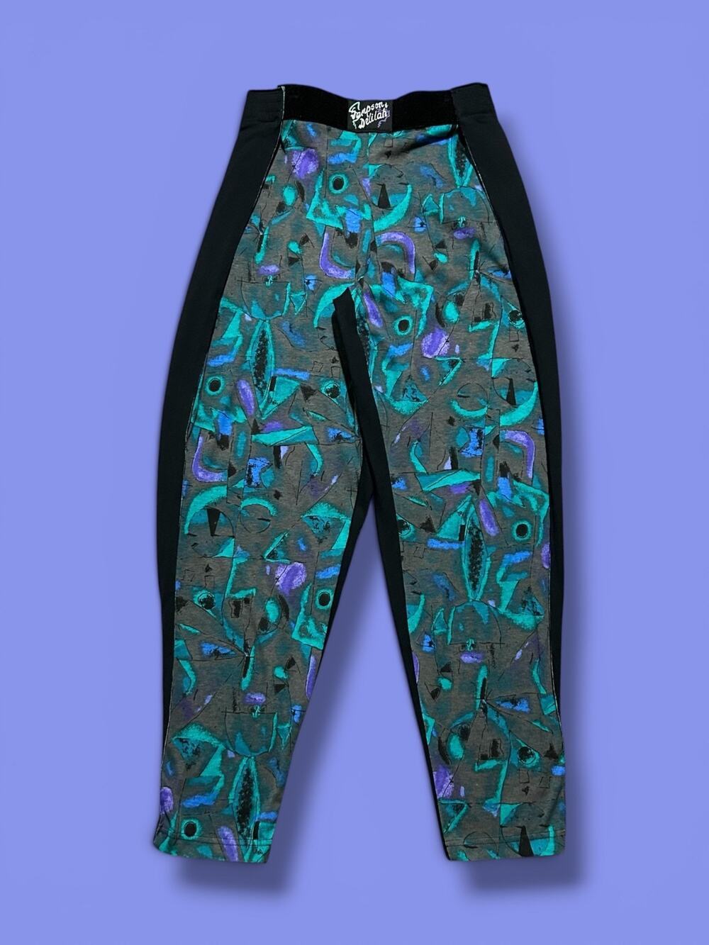 Vintage 80s Parachute Pants Baggy Gym Workout Abstract Print Black Medium